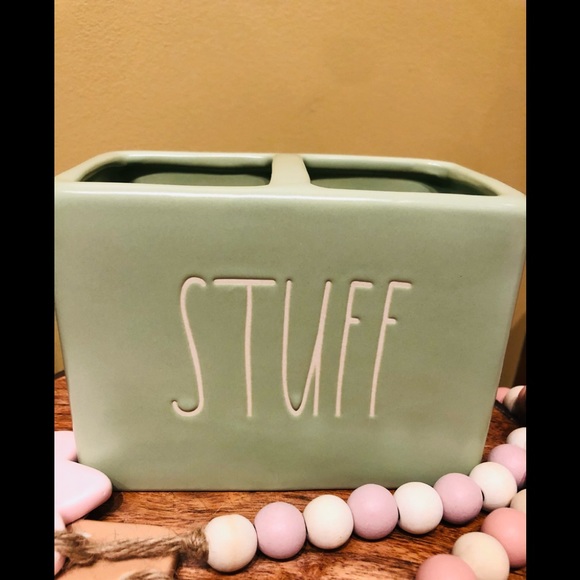Rae Dunn "STUFF" bathroom storage light green container - Picture 2 of 4